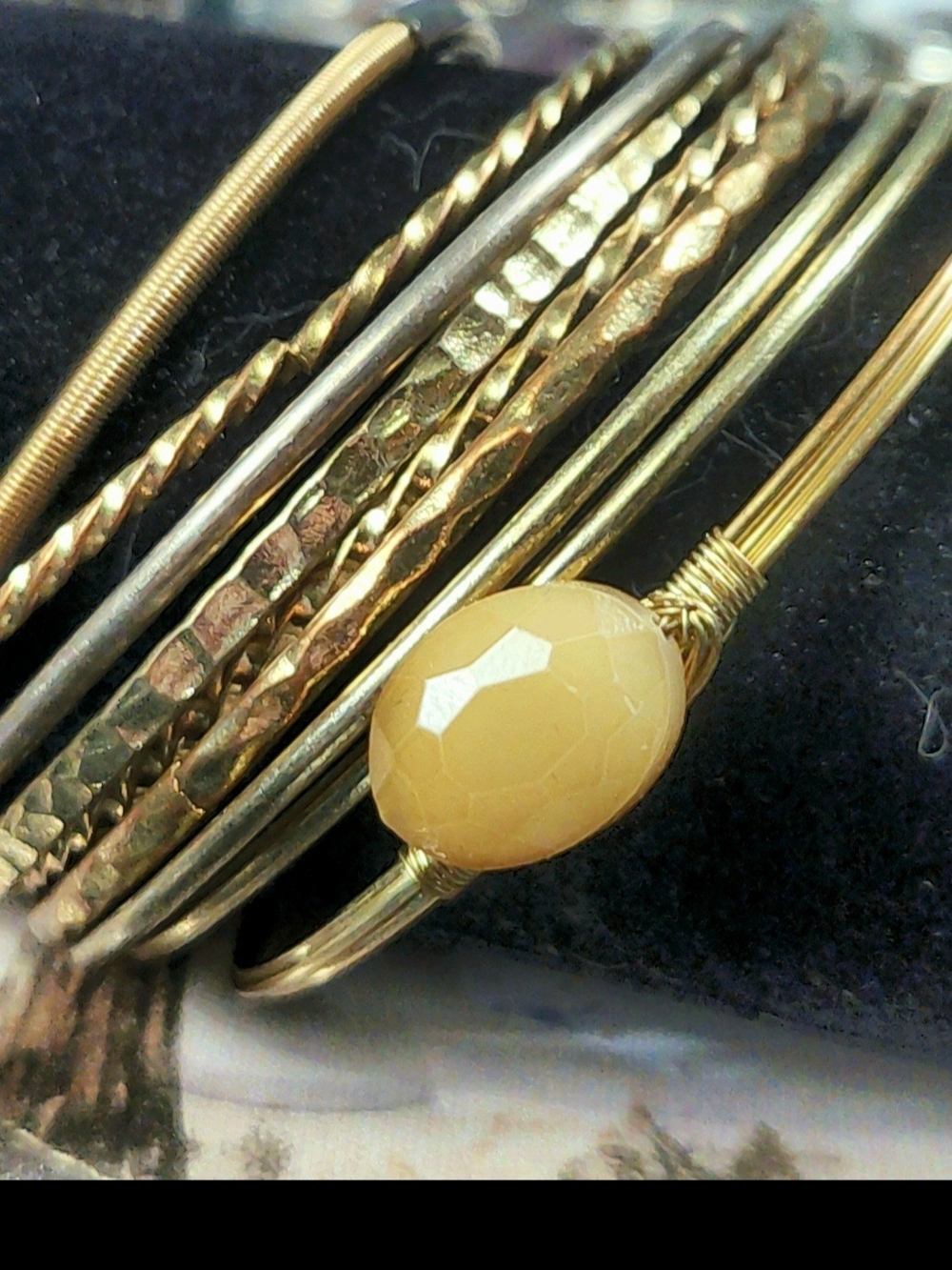 ~Vtg, 9-Piece, Multi-Tone Stackable Bracelet Set/3 Yellow Faceted Stone Accents~